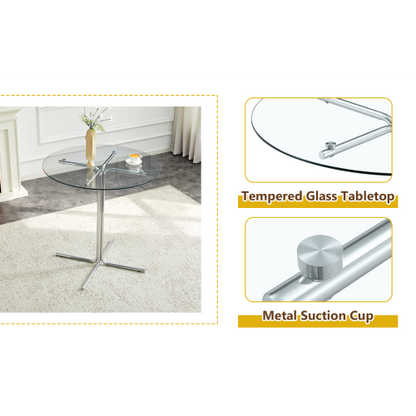 Round glass bar high table, 36 inch round bar table, tempered glass tabletop, sturdy silver chrome plated four column support, suitable for transparent round bar tables in small spaces, kitchens