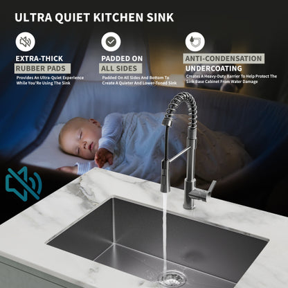 27Inch Gunmetal Black Undermount 18 Guage Stainless Steel Kitchen Sink With Black Spring Neck Faucet