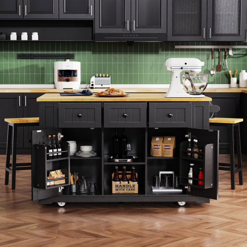 53inch Large Kitchen Island with 2 Bar Stools, Power Outlet,Door Internal Storage Rack, Kitchen Storage Cart on 5 Wheels with Drop Leaf, 5 Open Side Racks, 3 Drawers, for Kitchen,Dining Room,Black