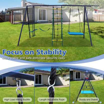 6 in 1 Swing Set With Climbing Ladder, Climbing Net, Glider, Hammock Swing, Belt Swing, Basketball hoop for Backyard