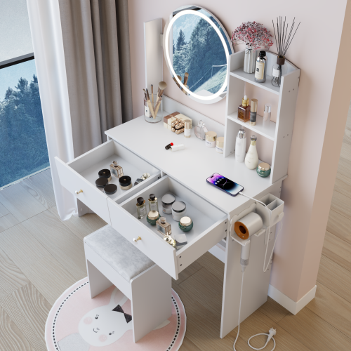 White 17 inch  Round LED Vanity Table + Cushion Stool, 2 AC + 2 USB, Touch Switch, 3 Colors, Large Desktop