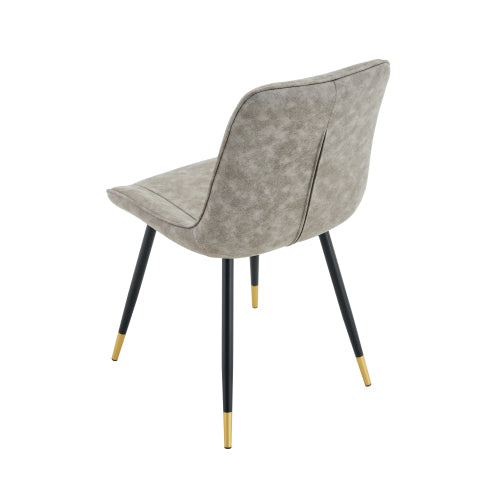 Set of 2 Gray Leathaire Tech Fabric Dining Chairs, Black Semi-Gloss Metal Leg Gold Trim Adjustable Non-Slip Feet Vertical Stitch High Back