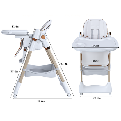 White Foldable Baby High  Dining  Chair for 0-6 Years, 5 Height Adjustable, Safety Belt, Lockable Silent Wheels