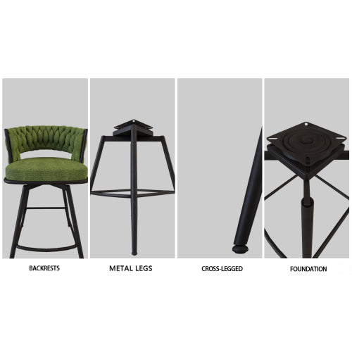 26inch Bar Chair Linen Woven Bar Stool Set of 2,Black legs Barstools No Adjustable Kitchen Island Chairs,360 Swivel Bar Stools Upholstered Bar Chair Counter Stool Arm Chairs with Back Footrest (Green)