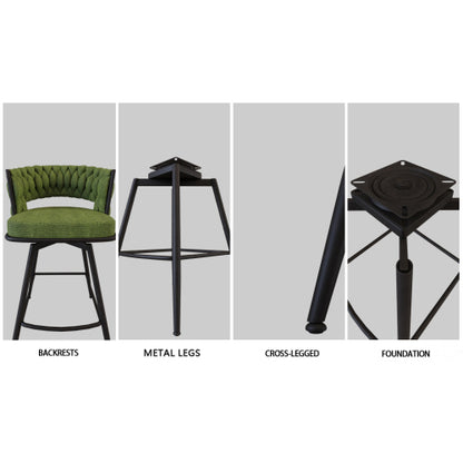 26inch Bar Chair Linen Woven Bar Stool Set of 2,Black legs Barstools No Adjustable Kitchen Island Chairs,360 Swivel Bar Stools Upholstered Bar Chair Counter Stool Arm Chairs with Back Footrest (Green)