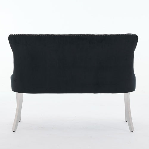Velvet Double Dining Loveseat Bench, Kitchen & Dining Seating, 2-Seat Tufted Bench w/Handmade Buttons, Wing Back, Brushed Silver Stainless Steel Legs, Mid Century Modern,Single Pack,Black