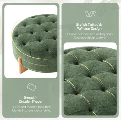 Green Round Chenille Tufted Ottoman, 32 Inch Button Tuft Footrest with L-Shaped Rubberwood Legs, 250 LBS Capacity