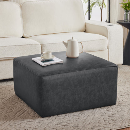 Black Square PU Leather Modular Ottoman, 29.5 inchW Sectional Footrest with Pocket Coil Spring Support