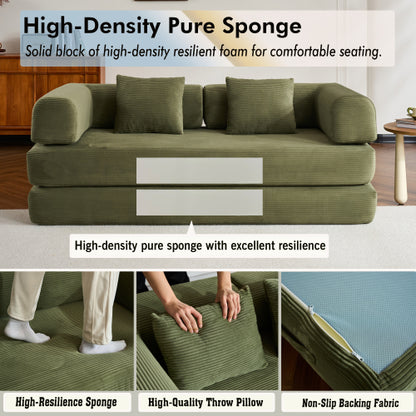 Green Corduroy Convertible Sleeper Sofa Bed with Cylindrical Pillow