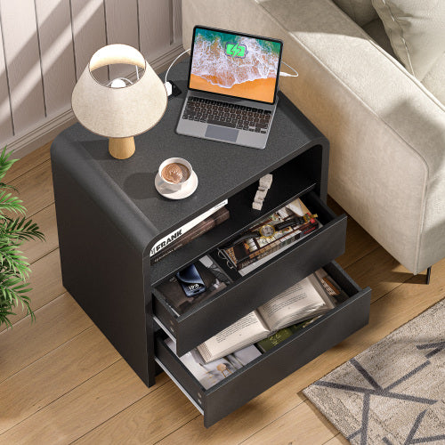 Black Smooth 2-Drawer Nightstand with Charging Station, Mid-Century USB Bedside Table