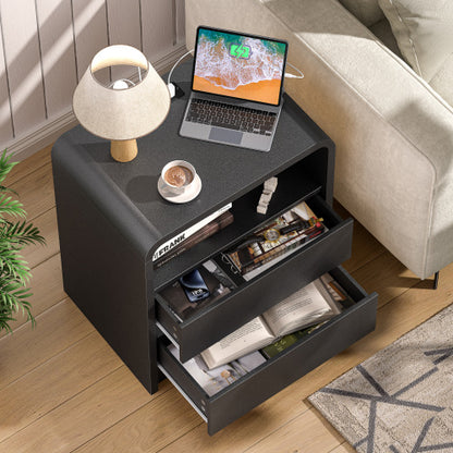 Black Smooth 2-Drawer Nightstand with Charging Station, Mid-Century USB Bedside Table