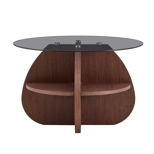 Round Coffee Table with Gray Tempered Glass Top & Fan-Shaped Storage