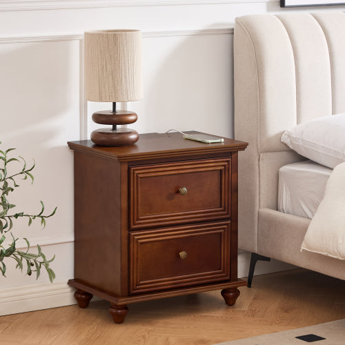 Walnut Mid-Century Nightstand, 2-Drawer Bedside Table with Charging Station & Gourd-Shaped Legs