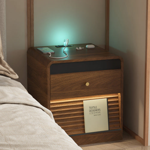 Wood Smart Nightstand, Voice Control Night Light, Touch LED Strip & Charging Station