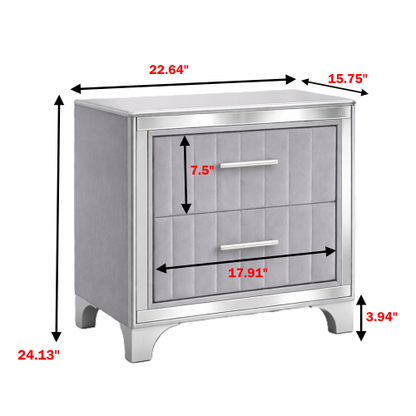 Contemporary Acrylic Nightstand with Two Drawers, Upholstered Bedside Table Featuring Silver Metal Legs, Modern End Table for Bedroom or Living Space (22.64inch  W x 15.75inch  D x 24.13inch  H)