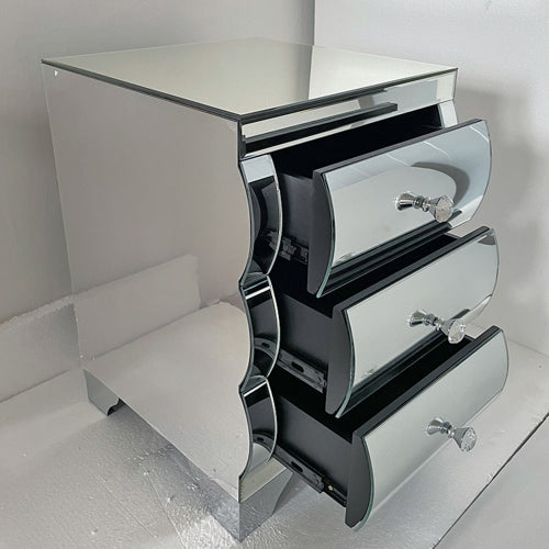 Silver Mirrored Nightstand with 3 Drawers, Curved Glass & MDF Bedside Chest for Small Spaces