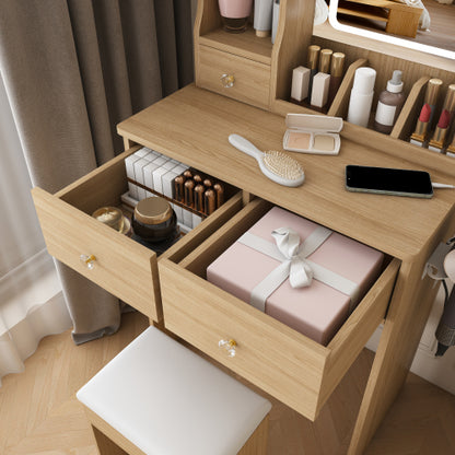 Modern Small Vanity Desk w/ 3-Color LED Mirror, 3 Drawers, Power Outlet, Hair Dryer Holder & Chair, Black