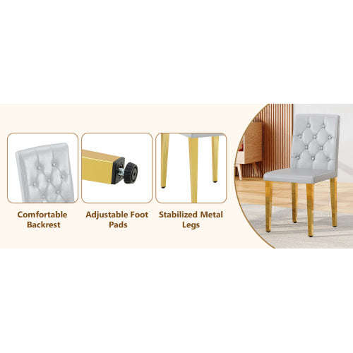 Set of 2 Light Grey PU Dining Chairs, Ergonomic Buckle Backrest, Gold Metal Legs, 35 inch  High