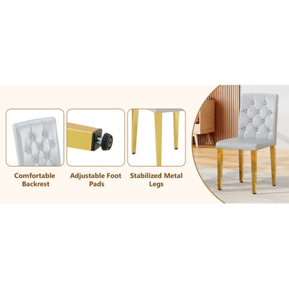 Set of 2 Light Grey PU Dining Chairs, Ergonomic Buckle Backrest, Gold Metal Legs, 35 inch  High