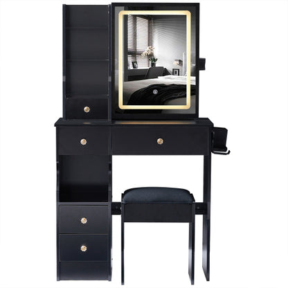 29.2" Small Size Left Drawer Desktop Vanity Table + Cushioned Stool, 2 AC+2 USB Power Station, Hair dryer bracket, Extra Large Touch Control Sliding LED Mirror, Tri-color Switching, Brightness Adjust