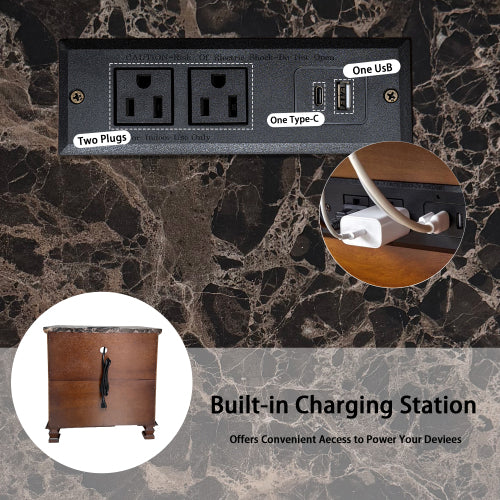 Walnut Tall Nightstand with Charging Station, Marble Grain 2-Drawer Bedside Table for Bedroom & Living Room