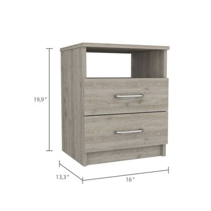 Light Gray Nightstand with 2 Drawers and Open Shelf, Modern Bedside Table