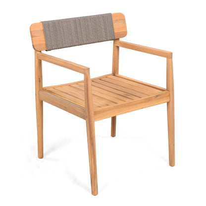 CREATIVE BRAIDED ACACIA WOOD OUTDOOR DINING CHAIRS WITH ARMRESTS, SUITABLE FOR OUTDOOR DINING AND LEISURE PLACES, TEAK LOOK & GREY ROPE,SET OF 2
