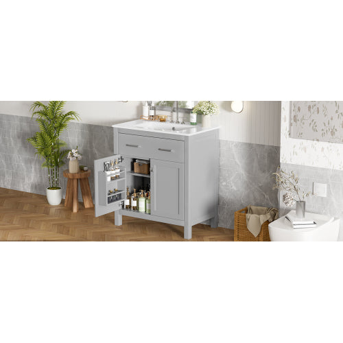30" Bathroom Vanity with Ceramic Sink, Modern Gray Single Bathroom Cabinet with 2 Doors and a Shelf, Soft Close Doors