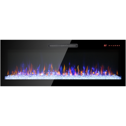 60 inch recessed ultra thin tempered glass front wall mounted electric fireplace with remote and multi color flame & emberbed, LED light heater