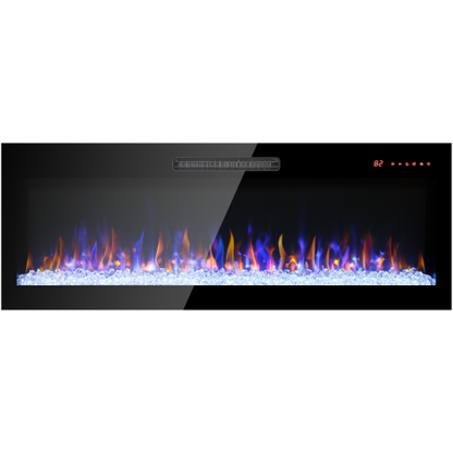 60 inch recessed ultra thin tempered glass front wall mounted electric fireplace with remote and multi color flame & emberbed, LED light heater