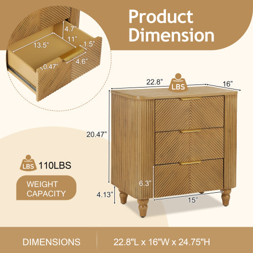 Mid-Century Fluted 3 Drawers Nightstand, Bedside Table with Curved Profile Design and Wide Gold Glossy Handles, End Table for Living Room, Bedroom, Easy Assembly, Natural