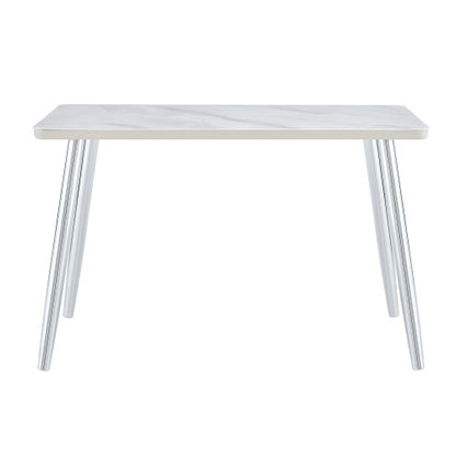 Marble Pattern Glass Dining Table with Silver Tapered Metal Legs