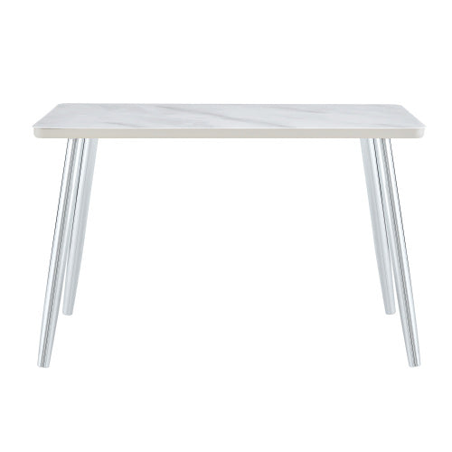 Marble Pattern Glass Dining Table with Silver Tapered Metal Legs