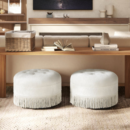 24 inch Round Upholstered Accent Ottoman, Almond White Chenille Round Foot Stool with Bullion Fringe