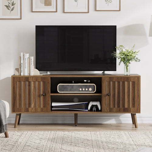 55 Inch Walnut Vertical Fluted Door Mid-Century TV Stand Adjustable Shelf Media Console Cabinet