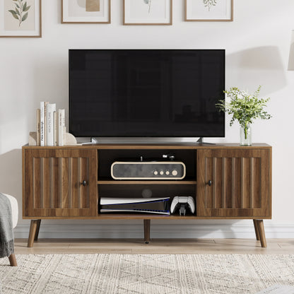 55 Inch Walnut Vertical Fluted Door Mid-Century TV Stand Adjustable Shelf Media Console Cabinet