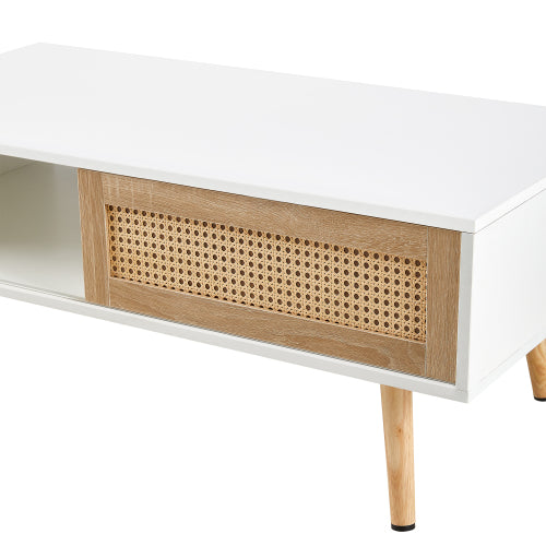 Rattan Coffee Table Sliding Door Storage Wood Leg White Modern Living Room Table