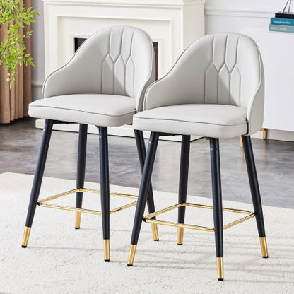 Set of 2  Light Gray PU Leather Bar Stools: 37.7inch High, 25inch Seat Height, Gold Accent Footrest, Ideal for Kitchen Island, Home Bar & Dining Area, Available in Black, White & Dark Gray Splicing Colors.