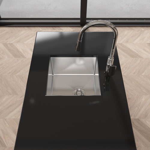 Stainless Steel Kitchen Sink, 18″x18″ Single Bowl, Undermount HandmadeSink in Brushed Nickel, with US Standard Drain and Hook, LS-SSBR07