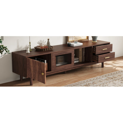 70.86 inch Dark Brown Mid Century Wave Glass Sliding Door TV Stand Pine Leg Console For 80 inch TV