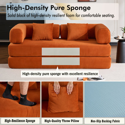 Orange Corduroy Convertible SofaBed with FixedShape Reinforced Metal Frame