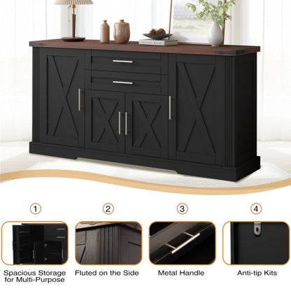 63 inch Farmhouse Barn Door Storage Cabinet with 2 Drawers & Door Rack, Large Buffet Table Coffee Bar Cabinets with Adjustable Shelves for Kitchen, Living Room, Entryway, Dining Room, Black