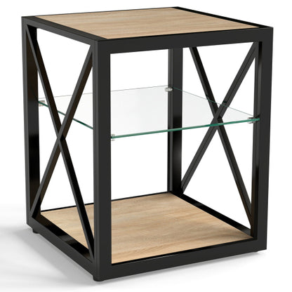 Set of 2 Modern End Table Nightstand for Bedroom & Living Room, Tempered Glass & Natural Wood MDF Top , Industrial Style Side Table