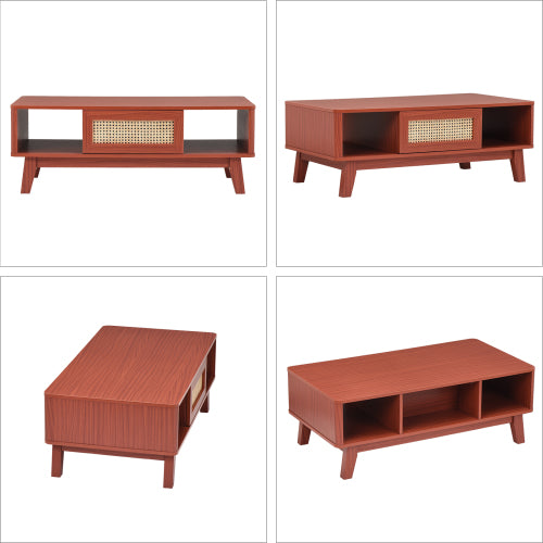 Mid Century Coffee Table Rattan Drawer Solid Wood Leg Storage Table