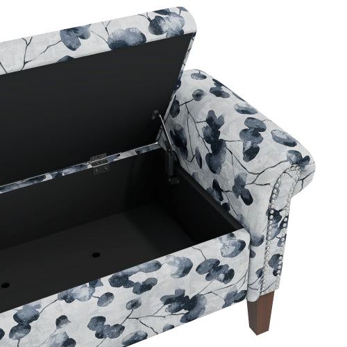 Traditional Rolled Arm Storage Bench Ottoman with Pewter Nailhead Trim in Black Floral with Dark Brown Solid Wood Legs