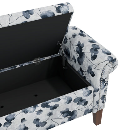 Traditional Rolled Arm Storage Bench Ottoman with Pewter Nailhead Trim in Black Floral with Dark Brown Solid Wood Legs