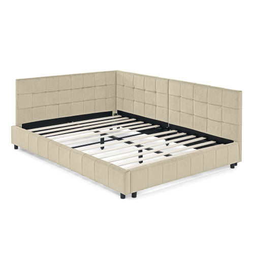 Full Size Upholstered Tufted  Bed Frame, Sofa Bed Frame with Comfortable Backrest and Armrests, Full Size Bed for Bedroom, Living Room,Velvet, NEW BEIGE(80.5inch *59inch *30.5inch )