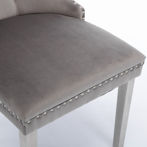 Single Gray & Chrome Tufted Velvet Dining Chair, Solid Wood Frame, Nailhead Trim, Chrome Plated Stainless Steel Legs