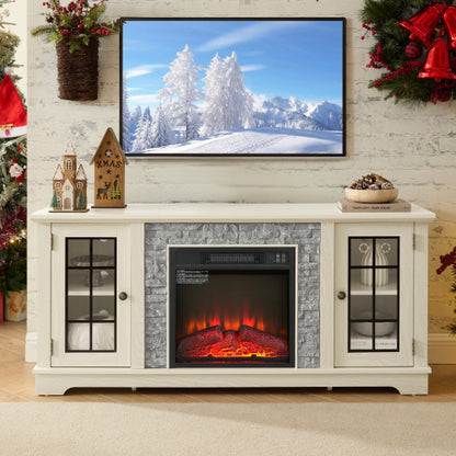 58 Inch TV Stand with 18 Inch Electric Fireplace White Media Console