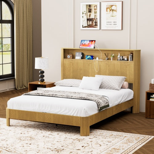 Queen Size bed frame with storage headboard, built-in charging station, wavy curved lines design, silent operation, metal support, Natural